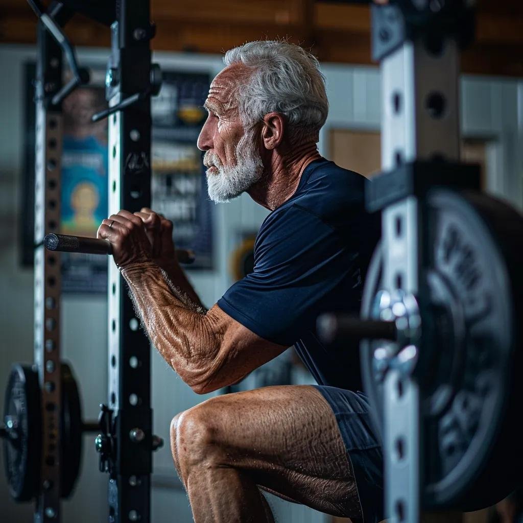 An older adult receiving guidance while performing a squat in a gym setting