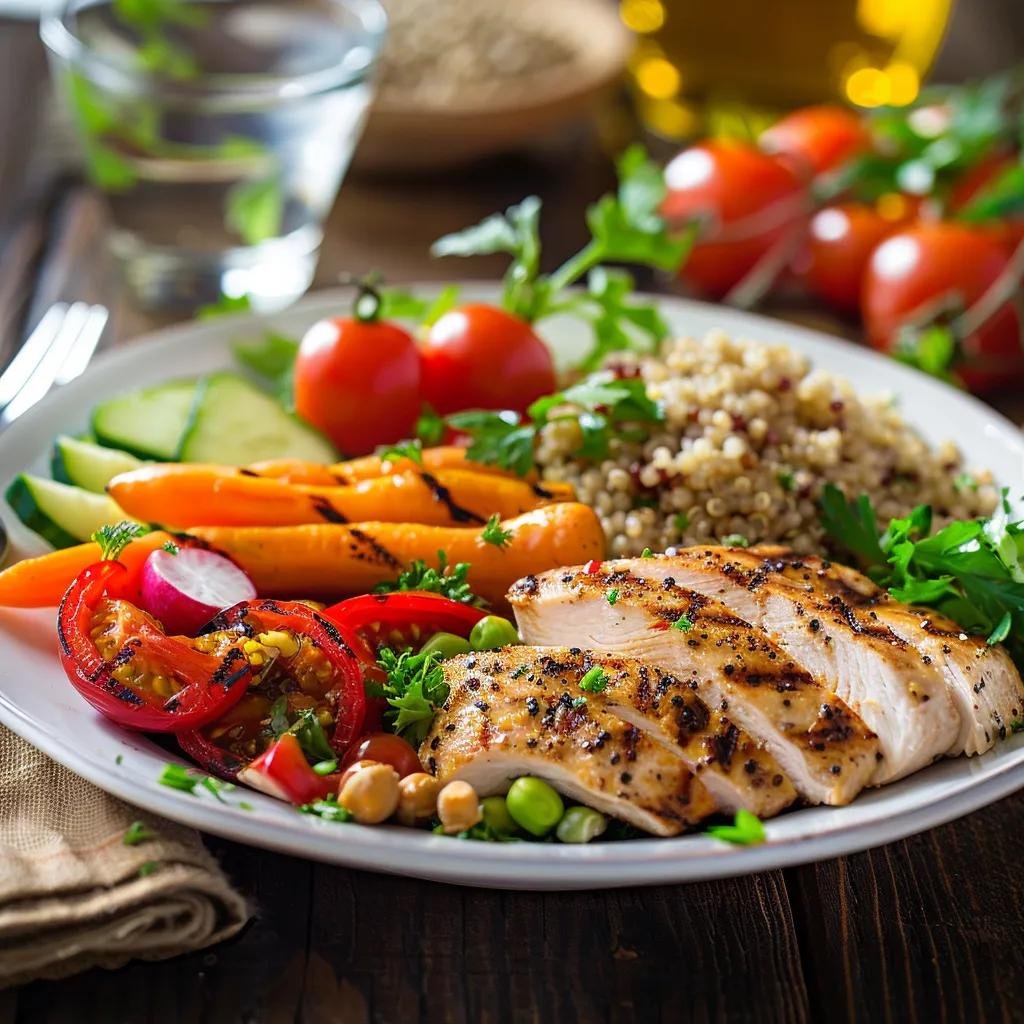 A balanced plate with lean protein and vegetables to support muscle growth for older adults