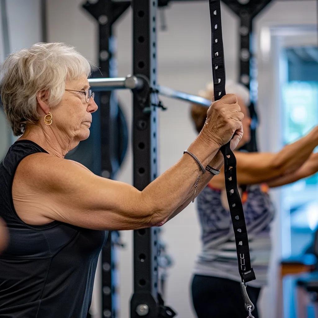 Members over 50 doing strength training together in a supportive gym