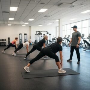A small group practicing back-safe exercises in a gym, coached on proper form and hip-hinge technique