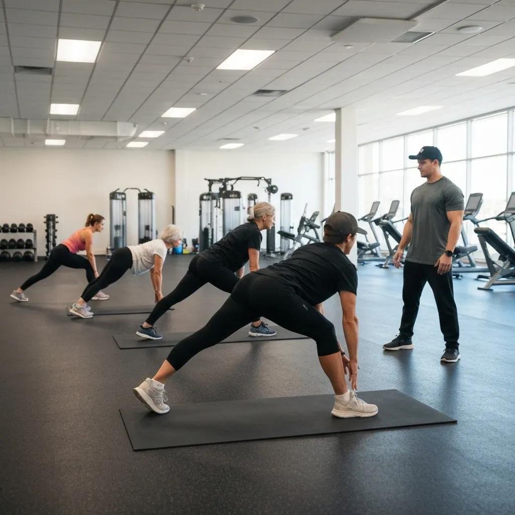 A small group practicing back-safe exercises in a gym, coached on proper form and hip-hinge technique