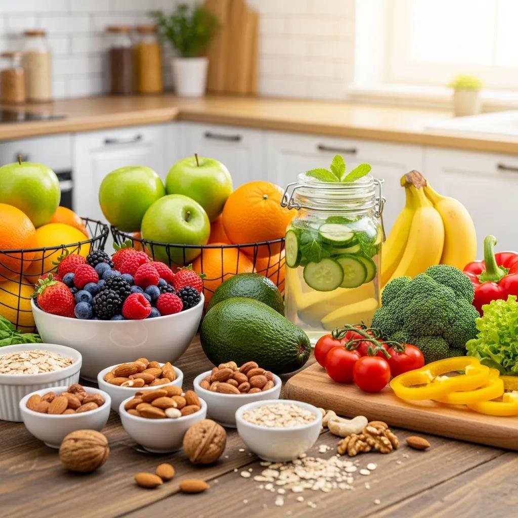 Colorful assortment of fresh fruits, vegetables, and nuts, including apples, oranges, berries, avocados, and broccoli, arranged on a kitchen countertop, representing healthy eating and nutrition related to food cravings and fitness.