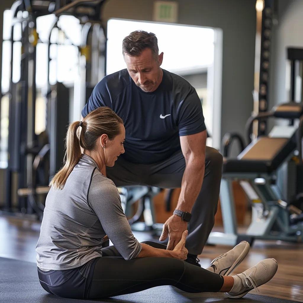 A professional male personal trainer assisting an adult female client in her 40s during a balance training exercise inside a high-end, modern gym in West Sacramento. The trainer provides calm, hands-on guidance while the client performs a controlled single-leg balance movement. The environment is upscale, clean, and minimal with modern equipment and natural lighting. Shot professionally in ultra-high definition with crisp details, sharp focus, realistic skin tones, and a polished, premium fitness photography style.