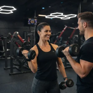 Woman and man exercising together in a gym, lifting dumbbells, promoting fitness and strength training for adults over 40 during Halloween festivities.