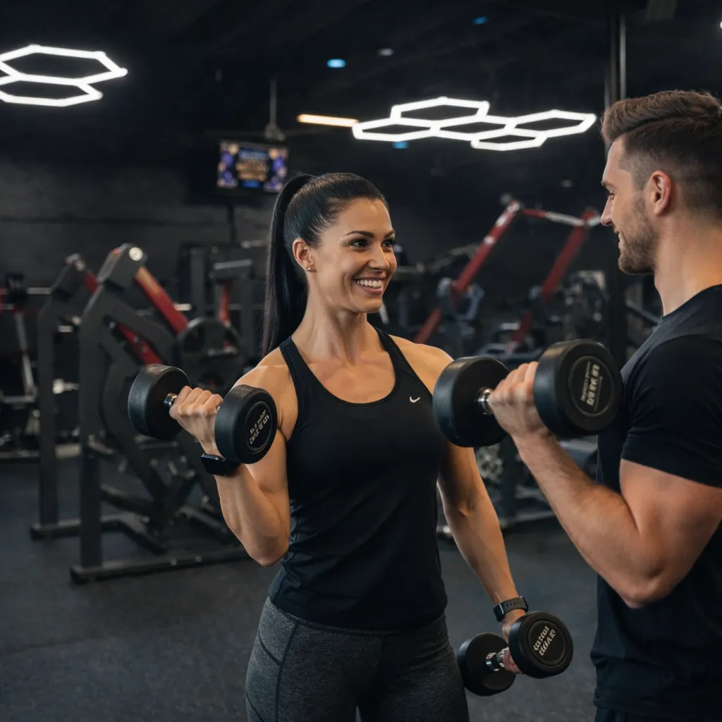 Woman smiling while lifting dumbbells with a personal trainer in a modern gym, emphasizing strength training and injury prevention for fitness enthusiasts over 40.