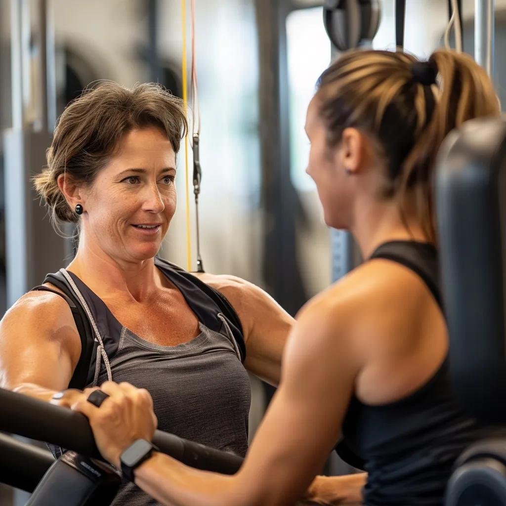 personal trainer with a client that is a woman in her mid 40s