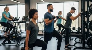 Diverse people training in a gym, showing focus and steady progress