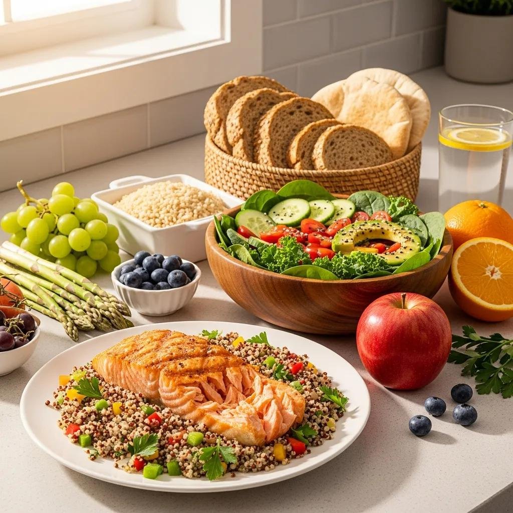 Whole, protein-rich foods and carbs arranged to support muscle growth