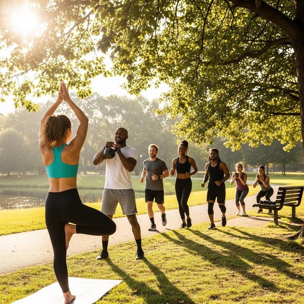 Diverse group exercising outdoors, representing GLP-1 weight loss benefits and the importance of physical activity