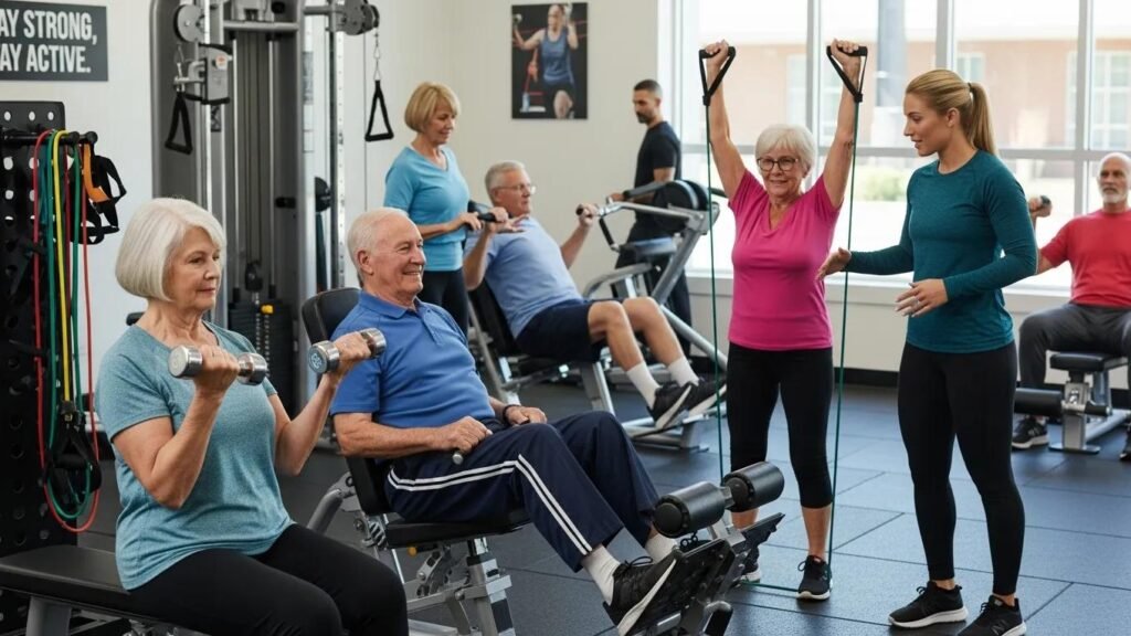 Older adults engaging in strength training exercises in a supportive gym environment
