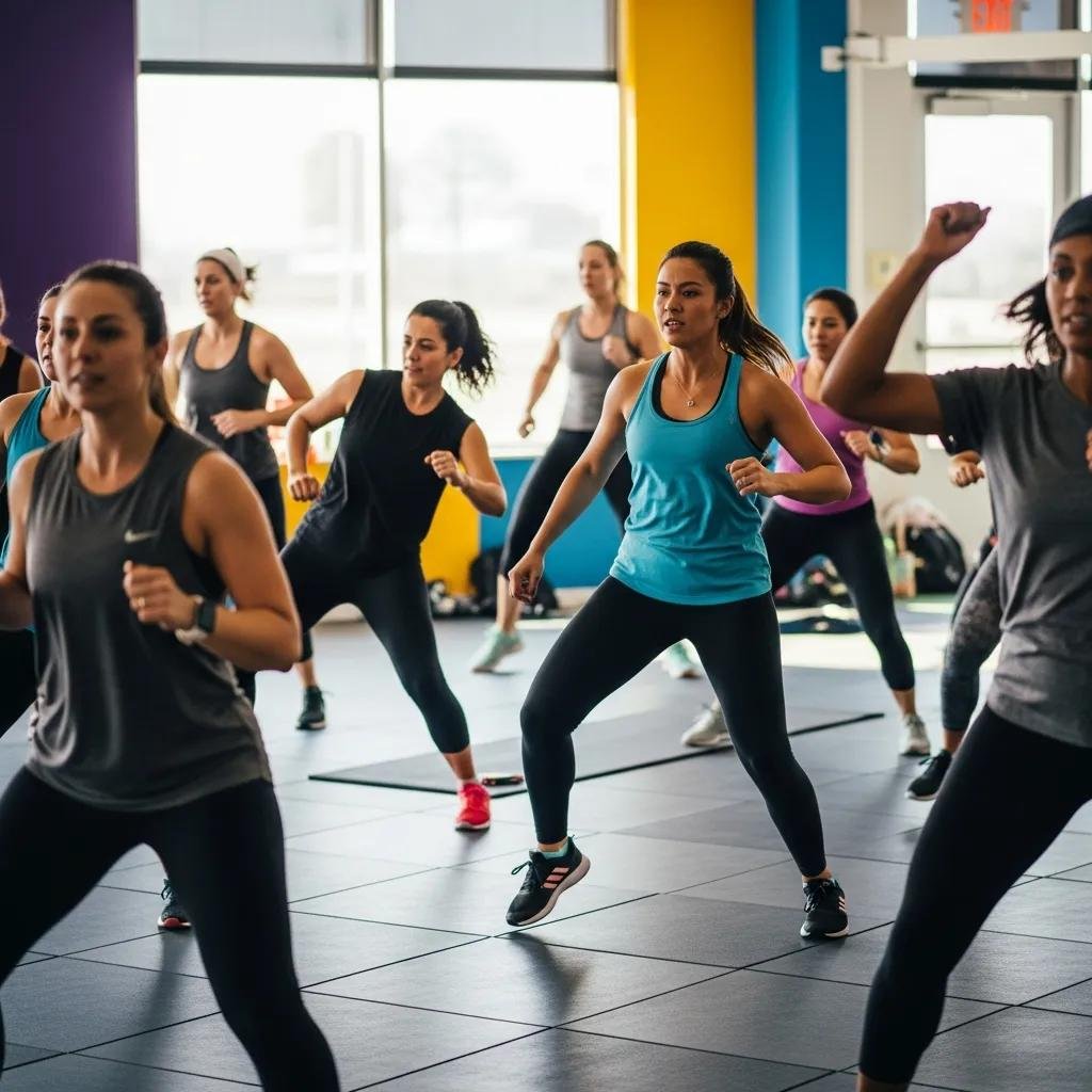 A diverse group engaged in a lively fitness class, highlighting community support and energy