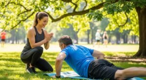 Personal trainer motivating a client during an outdoor workout in a sunny park
