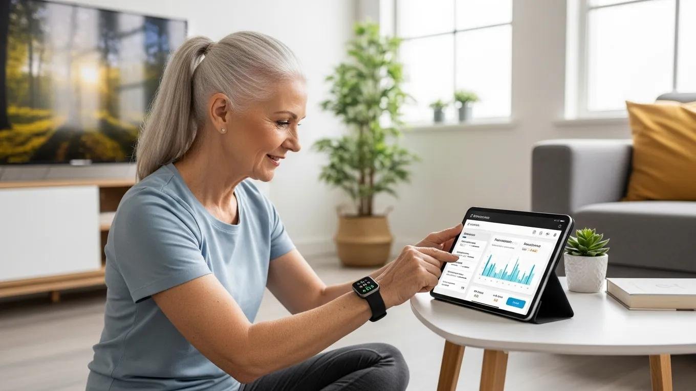 Older adult using a fitness tracker to monitor progress in a bright gym setting