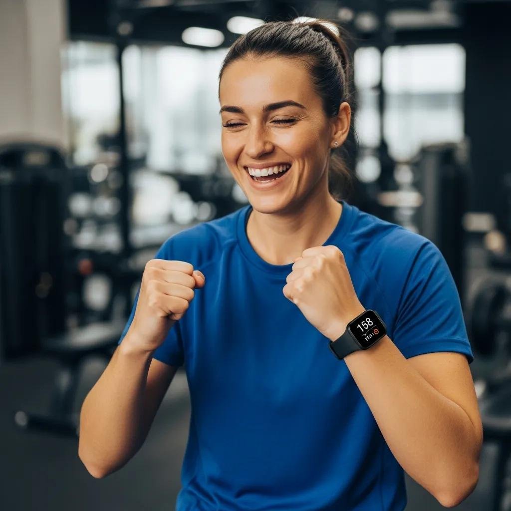 A person smiling, visibly satisfied after finishing a workout at the gym