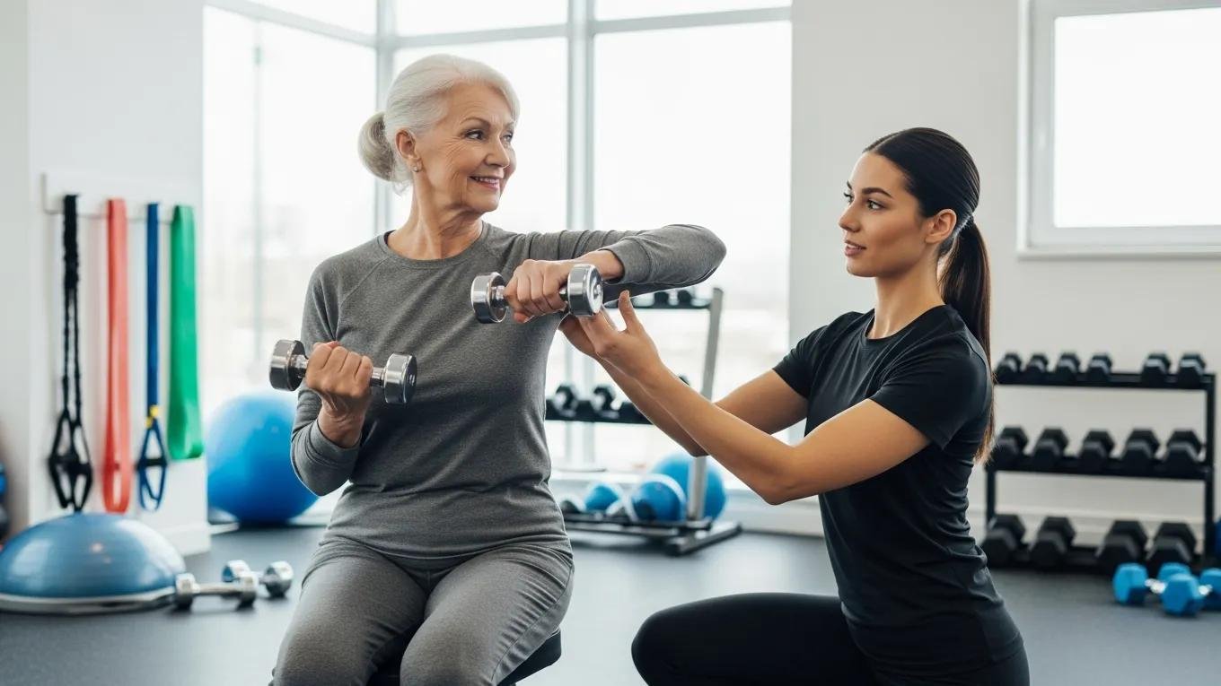 Personal trainer guiding an older adult on safe exercise techniques in a gym