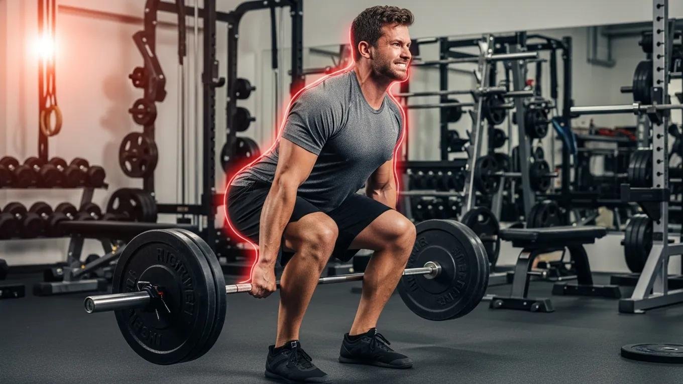 Person demonstrating incorrect weightlifting posture, highlighting risks of improper exercise techniques
