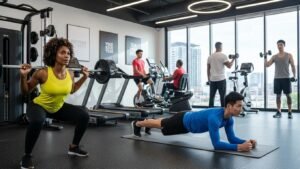 Diverse individuals exercising with proper techniques in a vibrant gym, promoting health and fitness