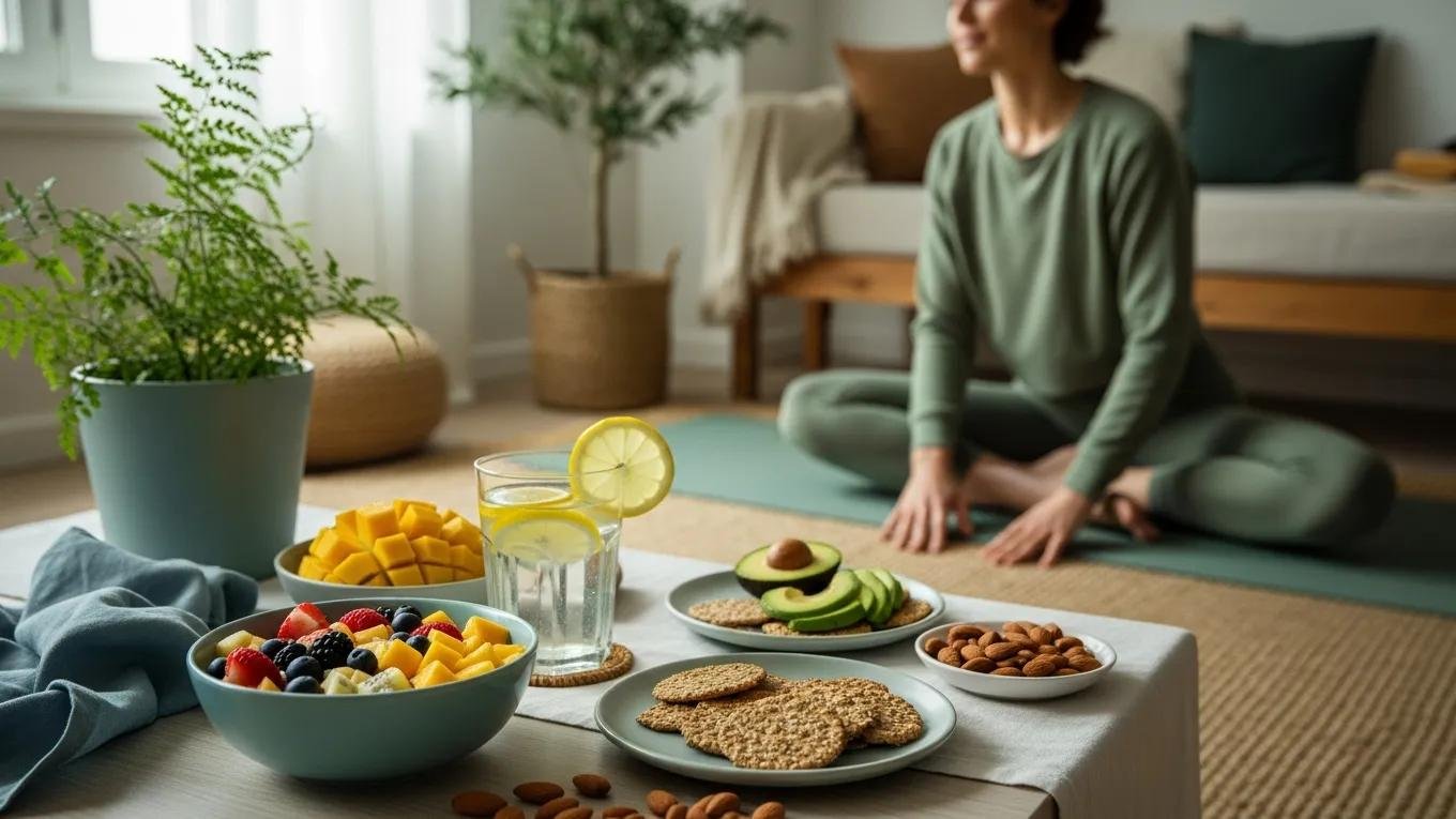 A balanced lifestyle scene showcasing healthy foods, hydration, and relaxation for effective exercise recovery